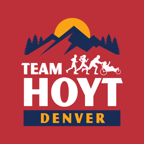 Team Hoyt Denver logo on a red background with navy mountains, gold sun, and white HOYT wordmark